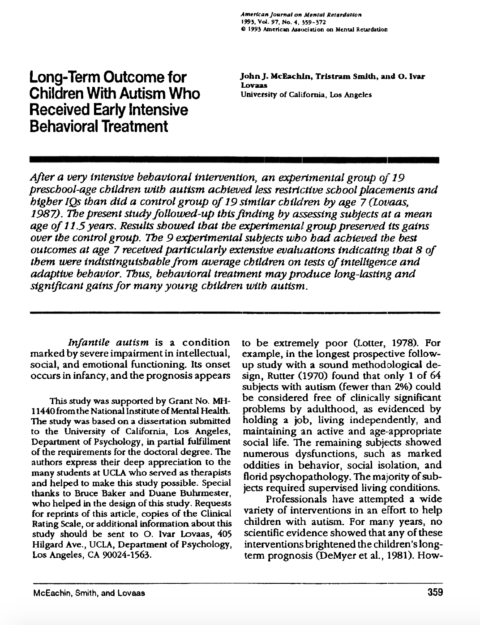 Long Term Outcome for Children with Autism Who Received Early Intensive Behavioral Treatment