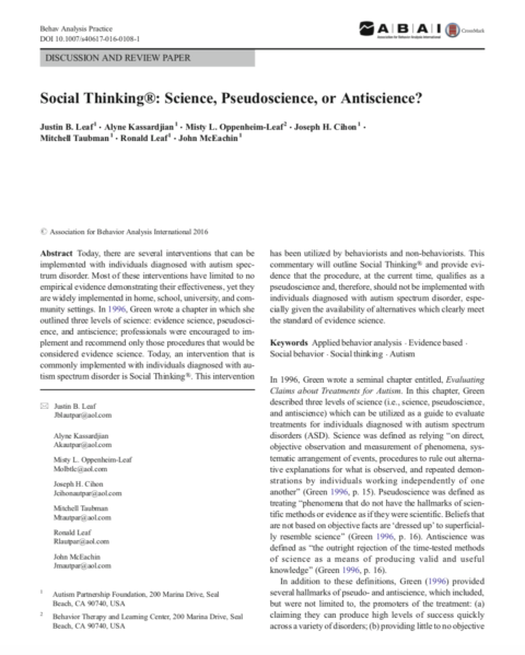 Social Thinking®: Science, Pseudoscience, or Antiscience?