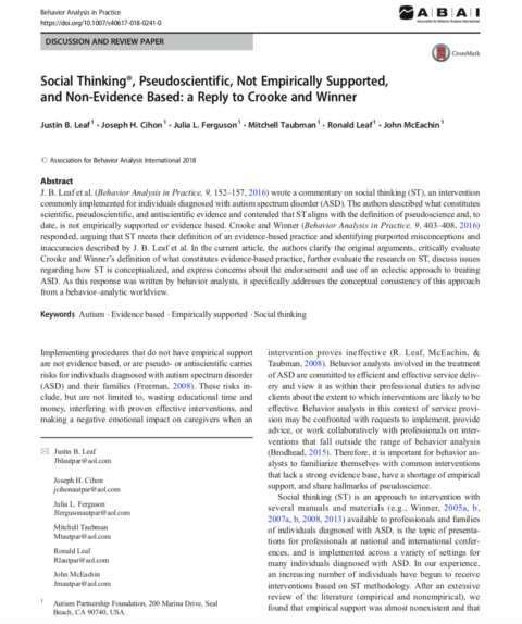 Social Thinking®, Pseudoscientific, Not Empirically Supported, and Non-Evidence Based: A Reply to Crooke and Winner