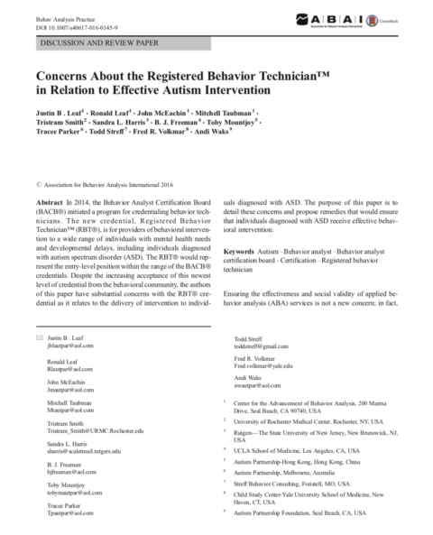Concerns About the Registered Behavior Technician™ in Relation to Effective Autism Intervention