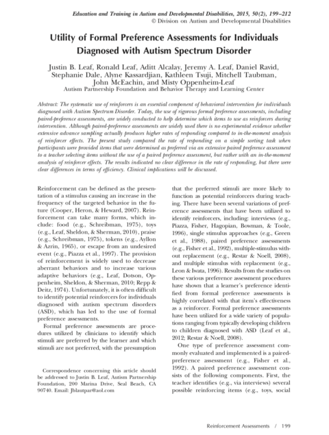 Utility of Formal Preference Assessments for Individuals Diagnosed with Autism Spectrum Disorder