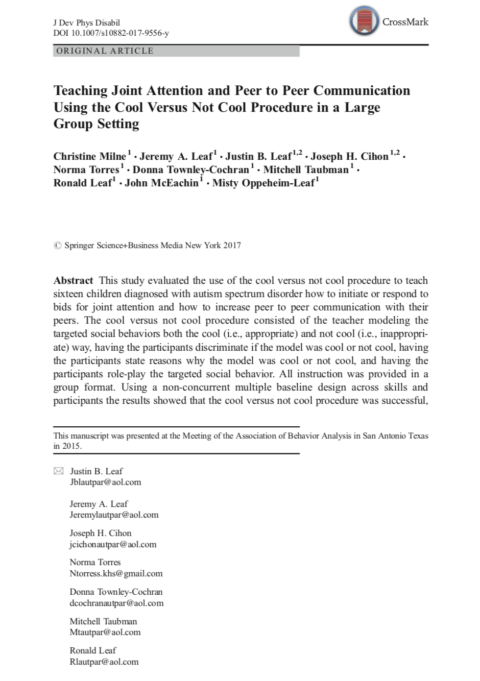 Teaching Joint Attention and Peer to Peer Communication Using the Cool Versus Not Cool Procedure in a Large Group Setting