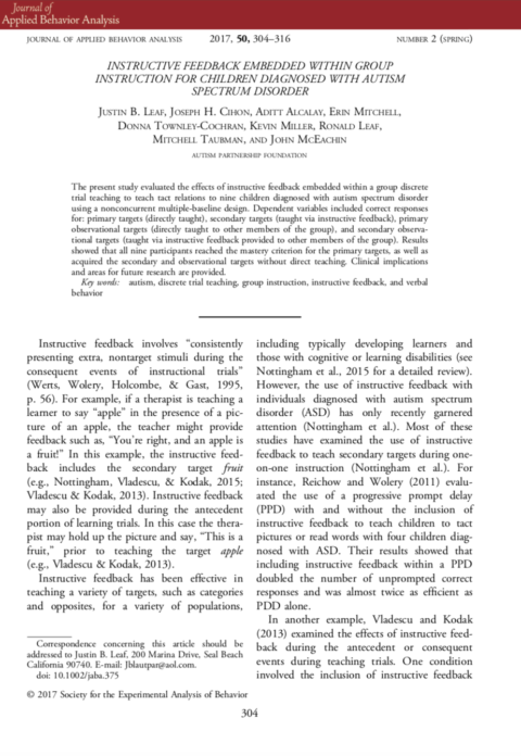 Instructive Feedback Embedded within Group Instruction for Children Diagnosed with Autism Spectrum Disorder